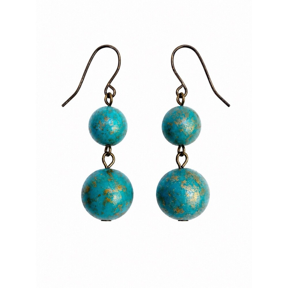 Vintage 1970s Blue Turquoise Bead Dangle Earrings Boho Gold Fleck Hook Drop